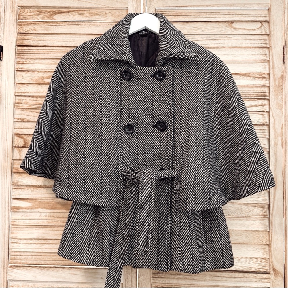 Cejon Black and White Herringbone Cape Coat